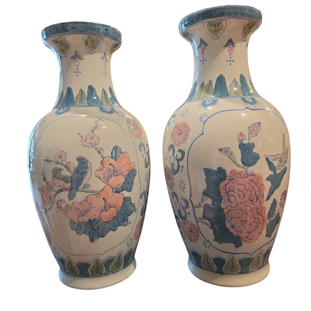 Pair Large Vintage Chinese Porcelain Vases Birds Floral Pastel Chinoiserie 14"